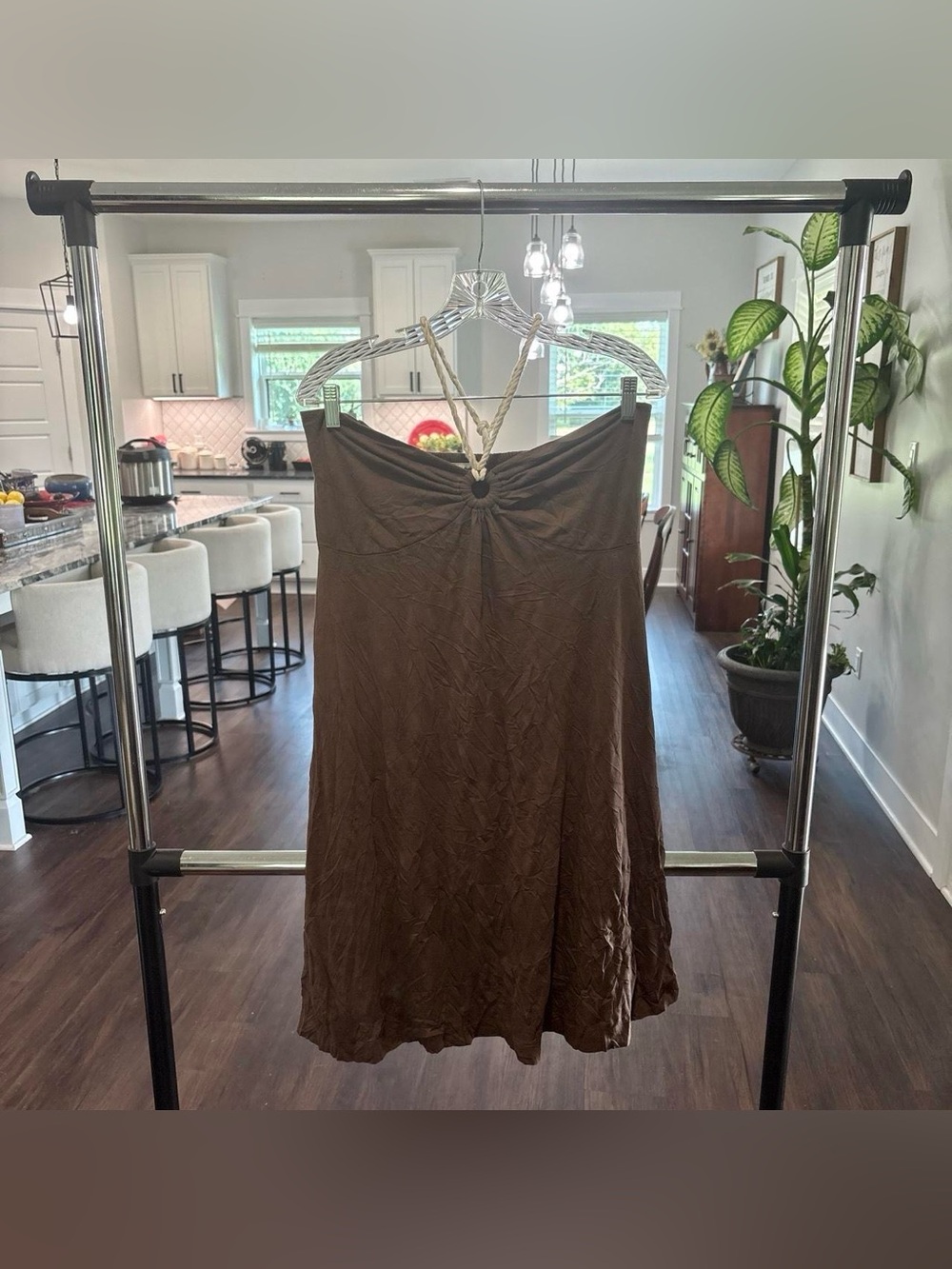 Vintage Y2K American Eagle Outfitters Brown O-Ring Midi Dress With Tie Size XL